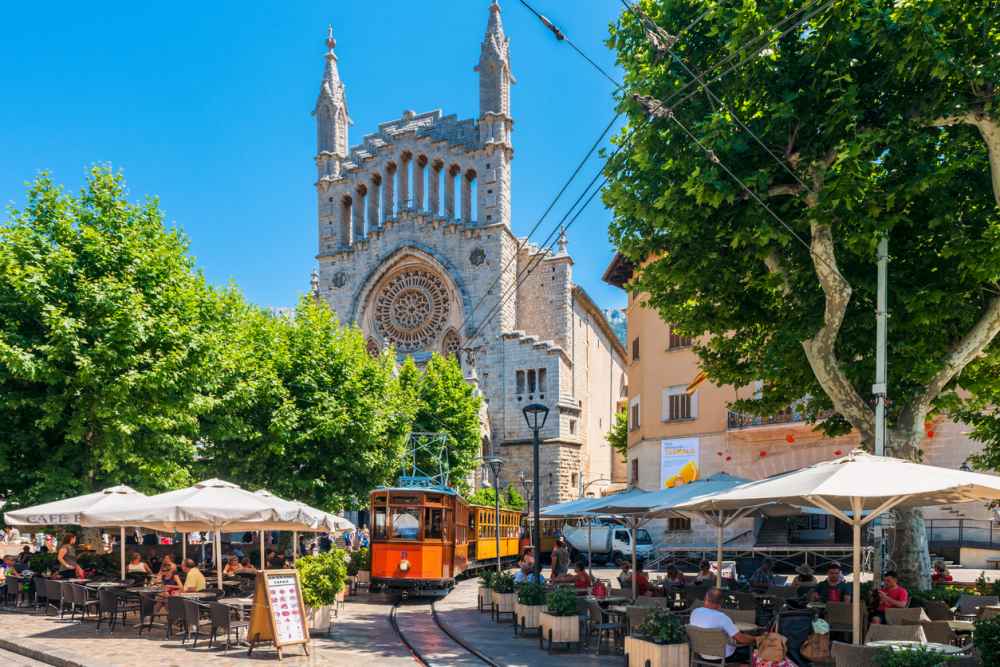 Historic Tram driving in Street of Soller Mallorca Spain