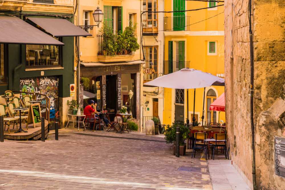 Idyllic city street in the historic city center of Palma de Majorca, Spain